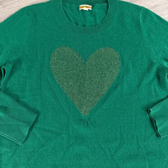 J. Crew Green 100% Cashmere Sweater Metallic Gold Heart Size XL - Picture 2 of 6